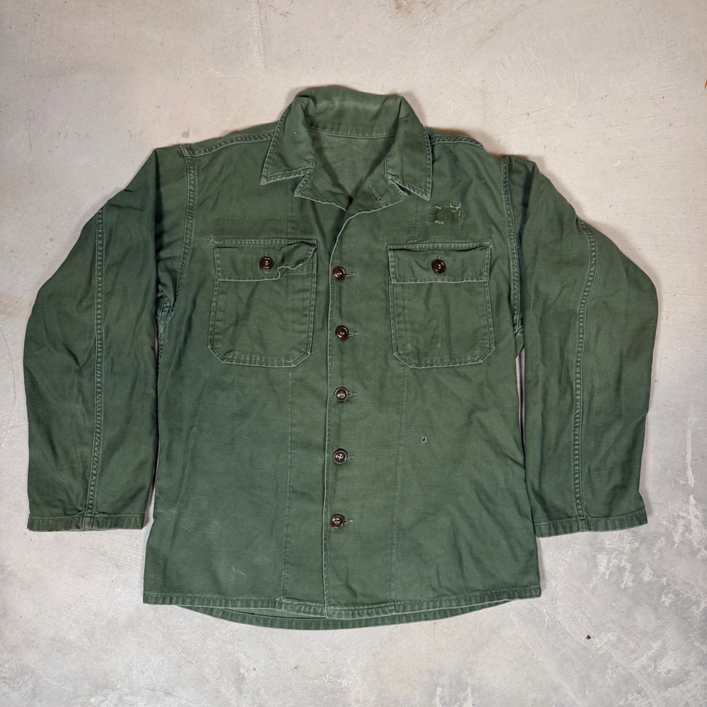 Vintage 60s vietnam OG-107 Military Utility Shirt Olive Drab Cotton Sateen Med